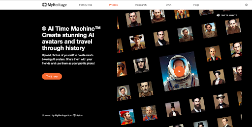Myheritage AI face swap editor Webpage