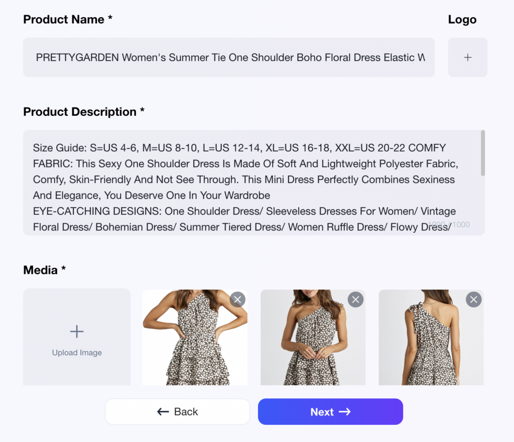 The second step of your captions generation is to upload and confirm product details