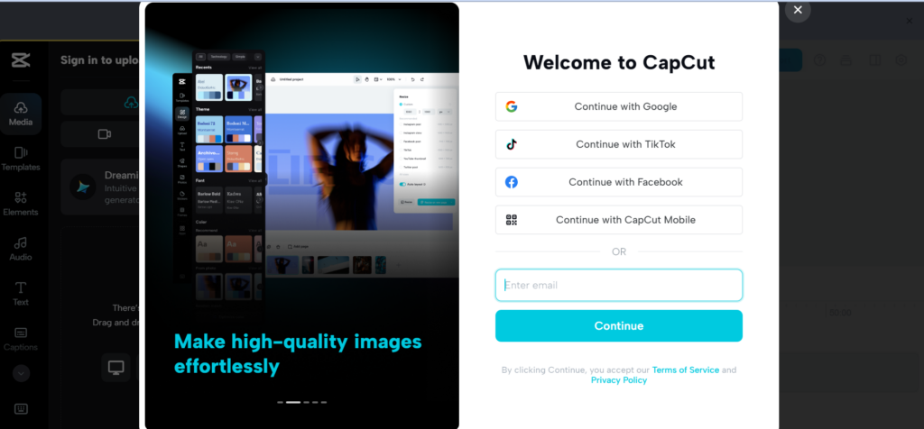 Sign up CapCut AI video generator
