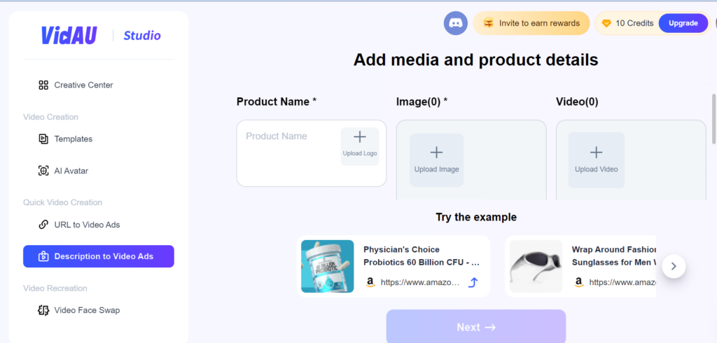 Add Media with VidAU AI create ad