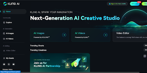 Kling AI Video generator homepage 