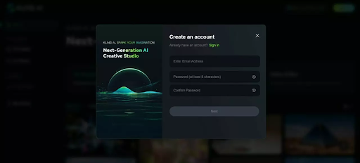 Create an AI Kling account page 