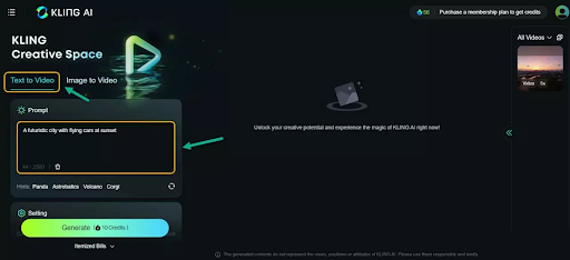 text-to-video page on AI Kling