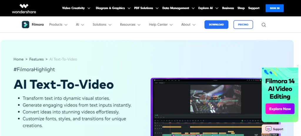 Wondershare AI text ro video generator