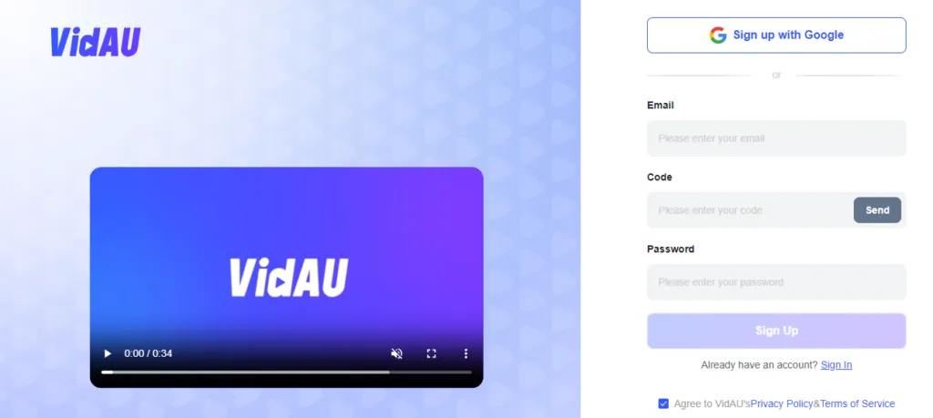 login to VidAU for ai avatars